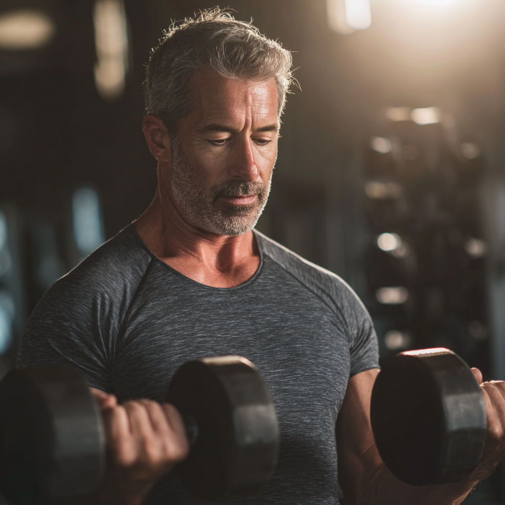 Middle-aged professional doing strength training with proper form and guidance